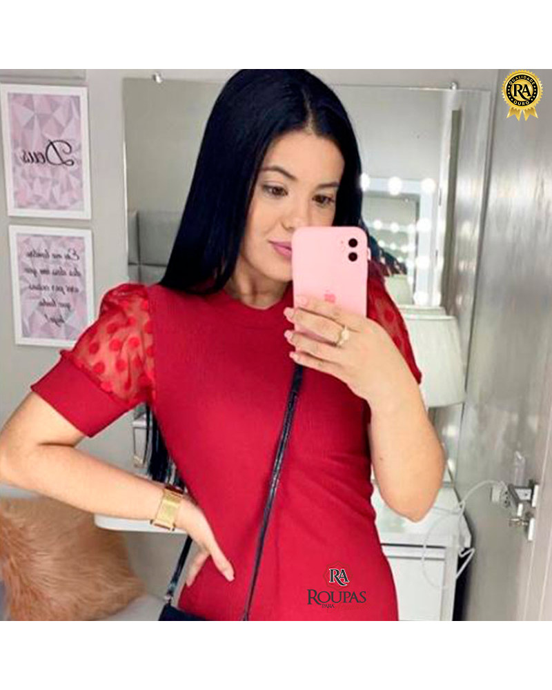 Blusa Canelada Com Manga Tule