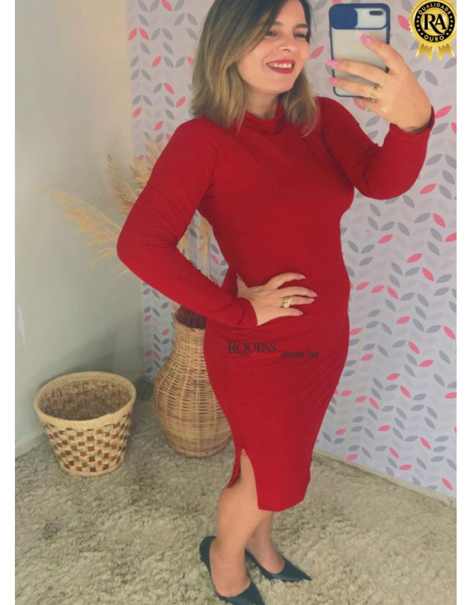 Vestido Gola Alta Manga Longa Canelado 
