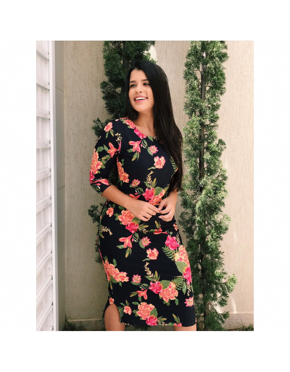 Vestido Tubinho com Mangas 3/4 Estampado P M G