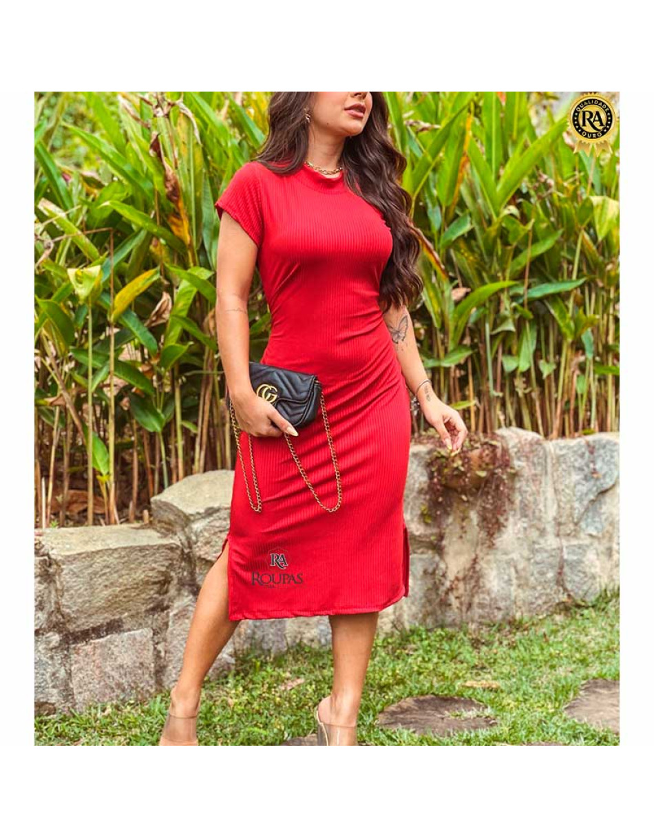 Vestido Midi Canelado Gola Alta Manga Curta 