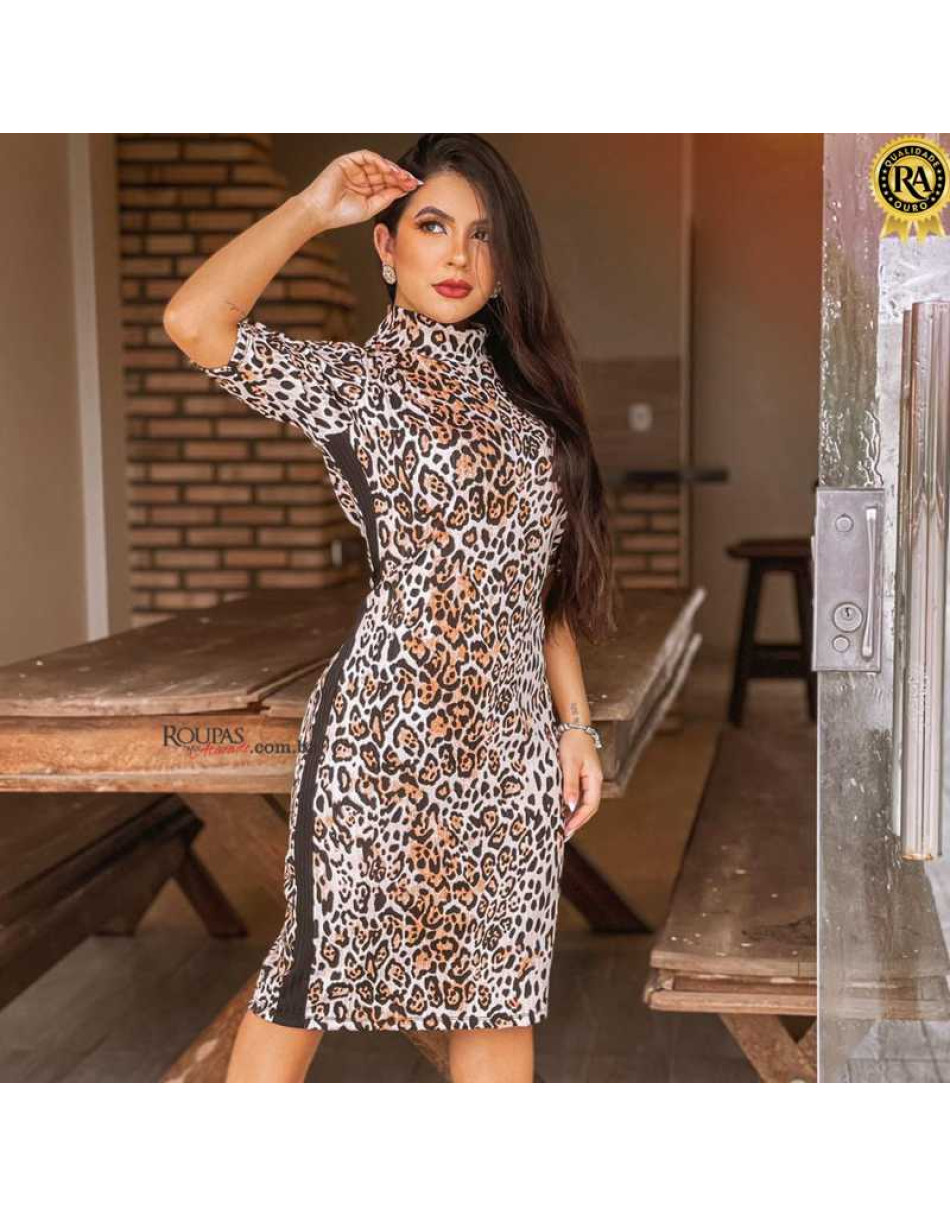 Vestido Midi Canelado Animal Print