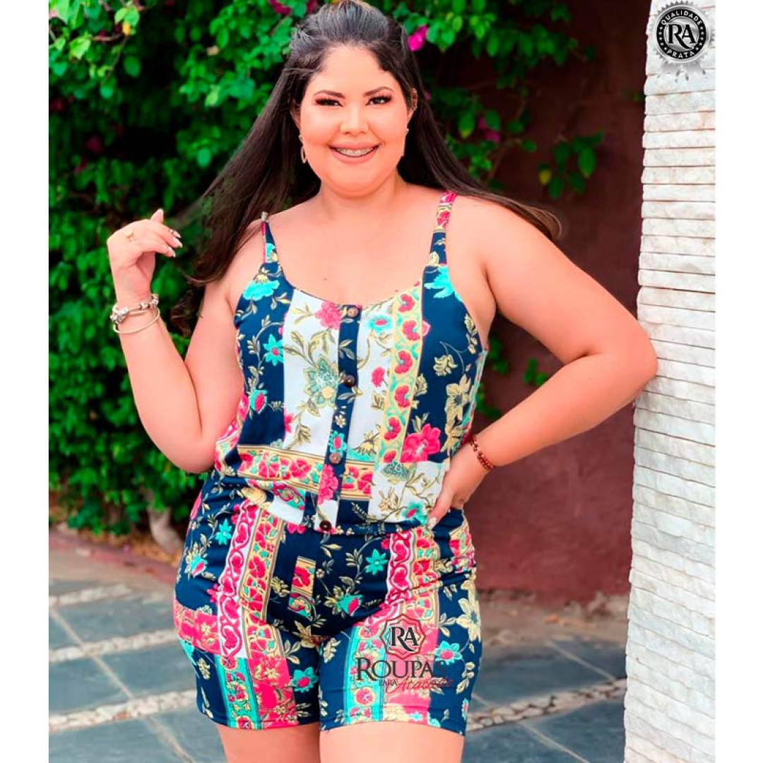 Macaquinho Plus Size Estampado Malha Leila