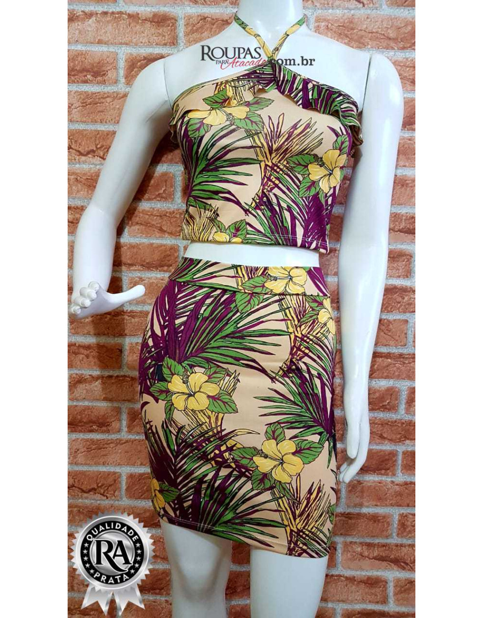 Conjunto Adulto Feminino Blusa e Saia Estampado
