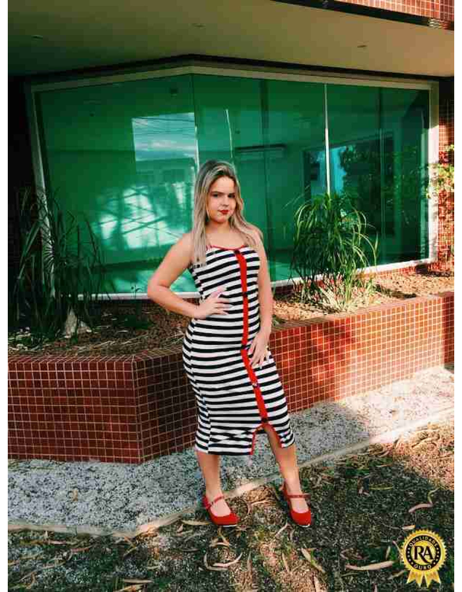 Vestido Feminino Listrado com Botoes