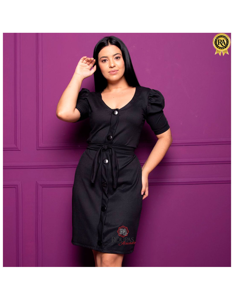 Vestido Canelado Luana Manga Princesa Com Botões 