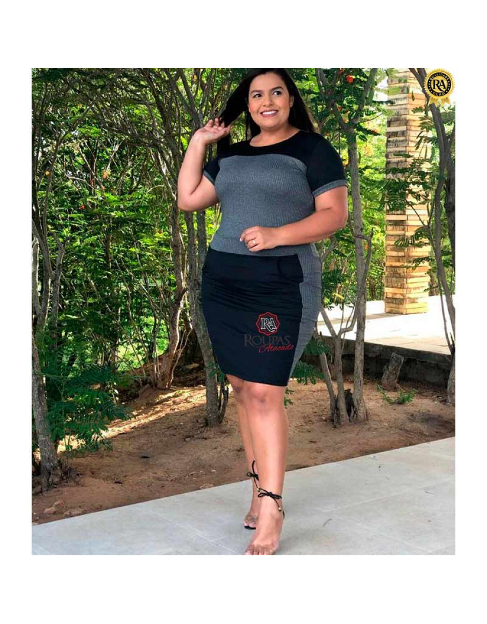Conjunto Canelado Blusa E Saia Plus Size