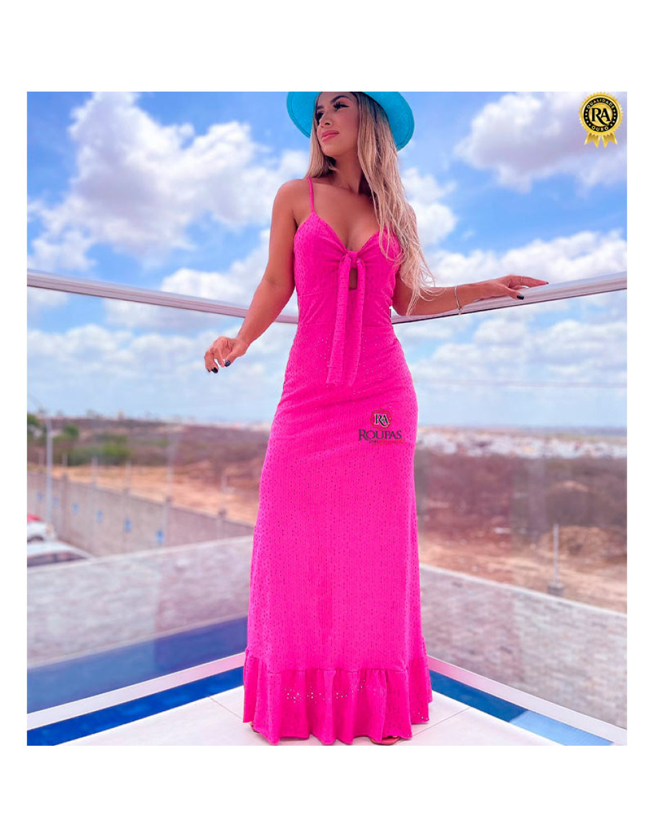 Vestido Longo Alça Decote Laço Malha Laise
