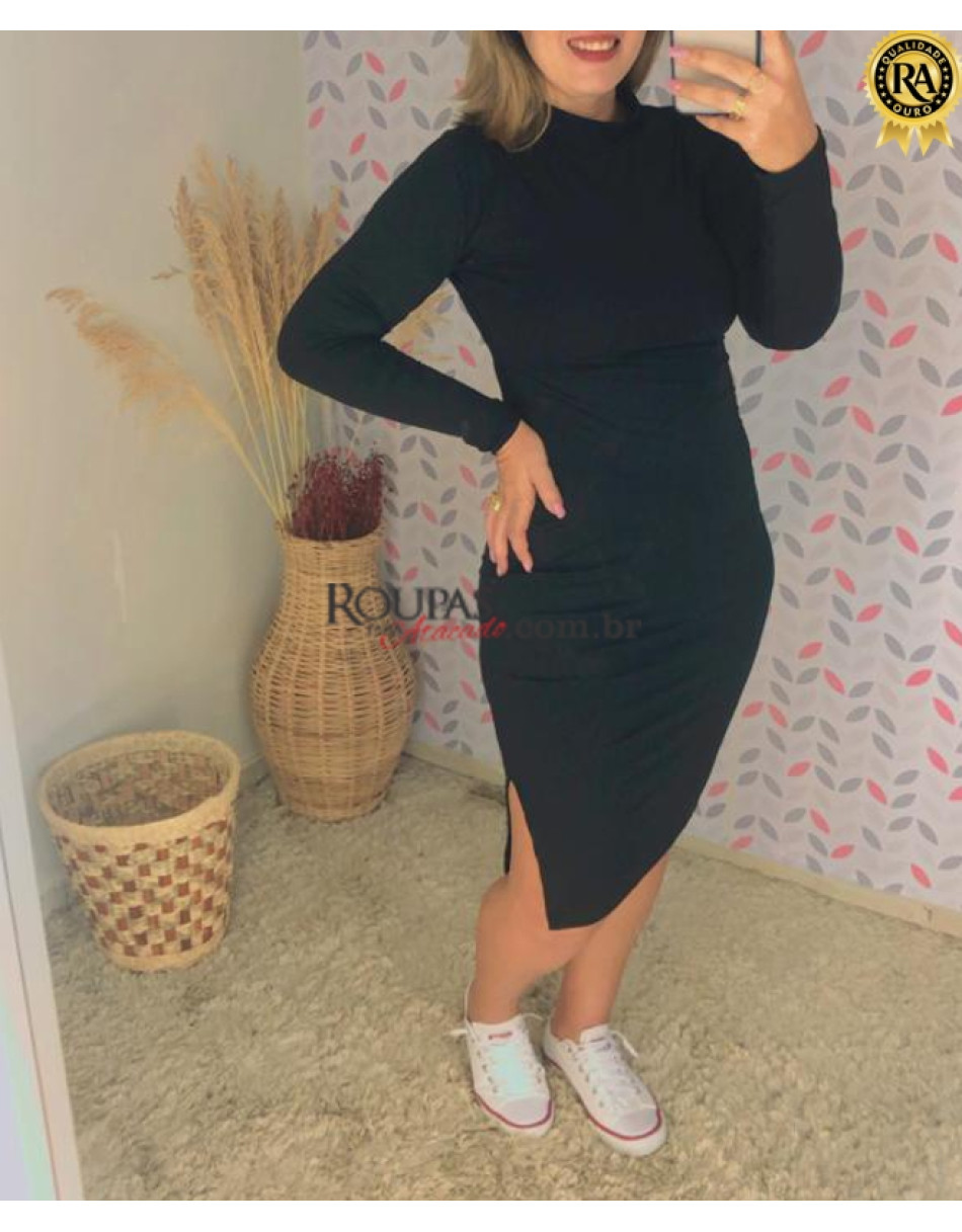 Vestido Gola Alta Manga Longa Canelado 