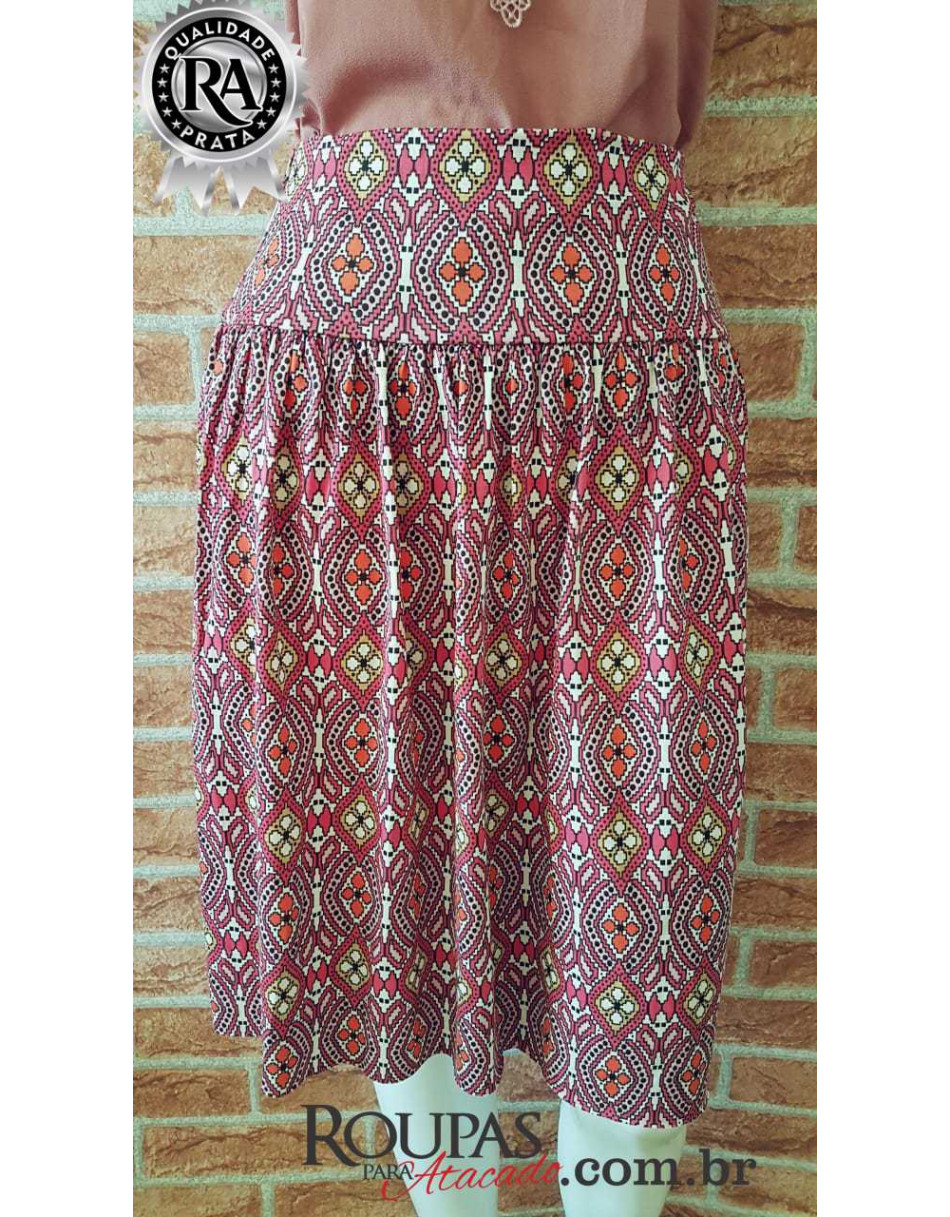 Saia Midi Fio Torcido Estampada Cós Alto