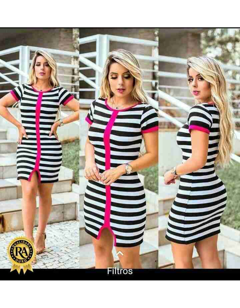 Vestido Feminino Listrado com Botoes