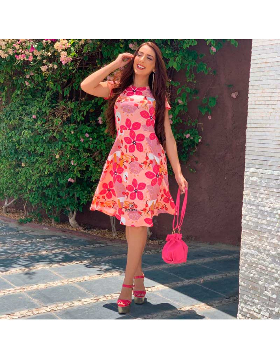 Vestido Feminino Rodado Crepe Estampado