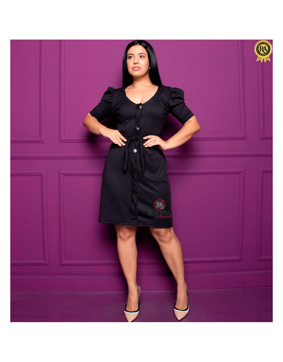 Vestido Canelado Luana Manga Princesa Com Botões 