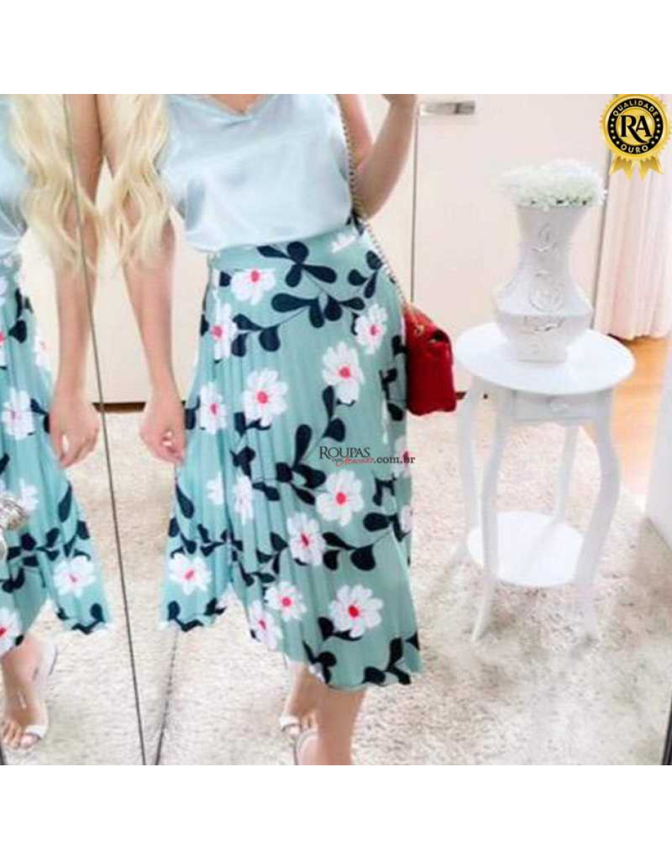 Saia Midi Plissada Estampada