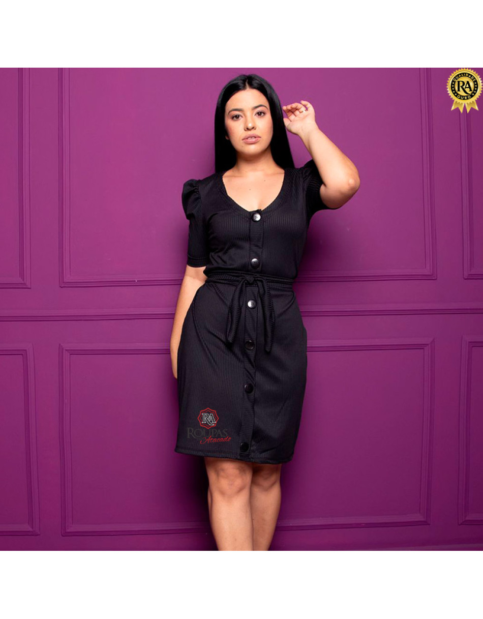 Vestido Canelado Luana Manga Princesa Com Botões 