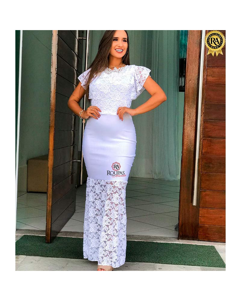 Vestido Longo Arrumado Bengaline E Renda